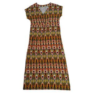 J.Jill Womens S Multicolor Geometric Print V-Neck Midi Dress, Rayon, Spandex.